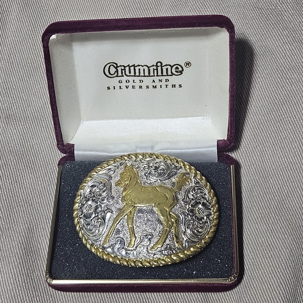 Crumrine Colt Foal Silverplate Bronze Belt Buckle Horse Western Floral Scroll NV